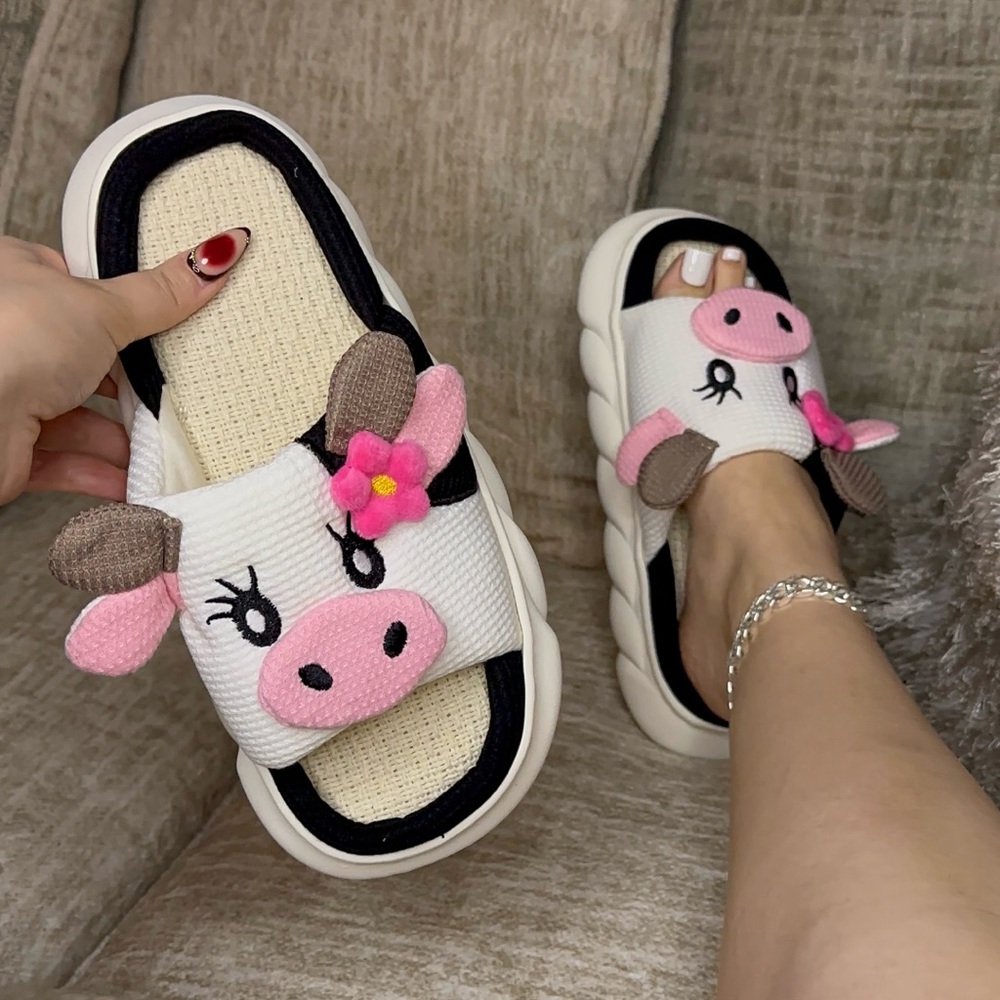 Plush Cow-Themed Women’s House Slippers - Pink and White sizes 6, 7, 8